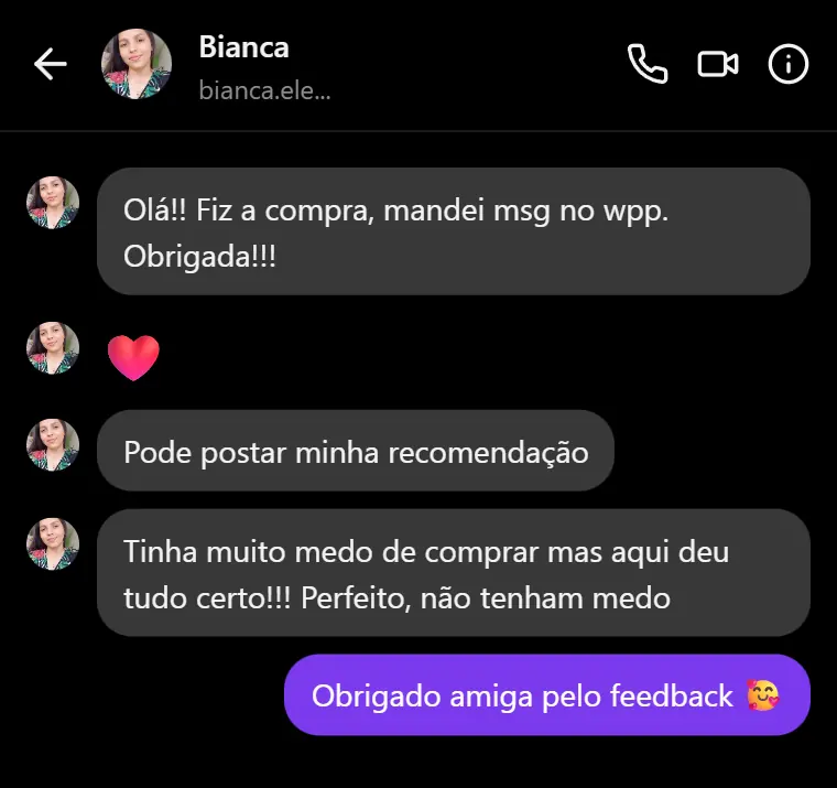 Depoimento de Bianca via Instagram