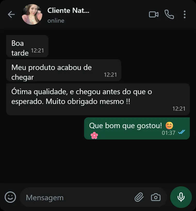 Depoimento de Cliente Natália via WhatsApp